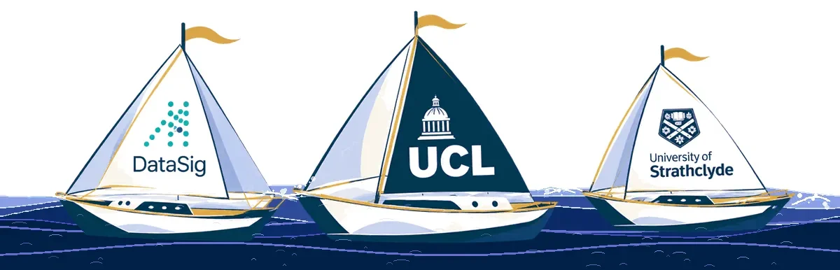 Sponsors: DataSig, UCL and the University of Strathclyde, shown as three sailing boats on the sea